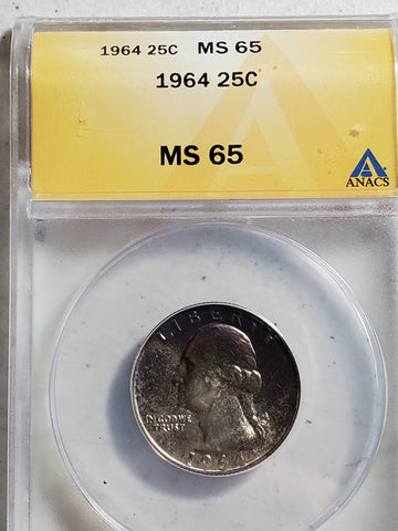 1964 Washington Quarter MS 65 toned ANACS