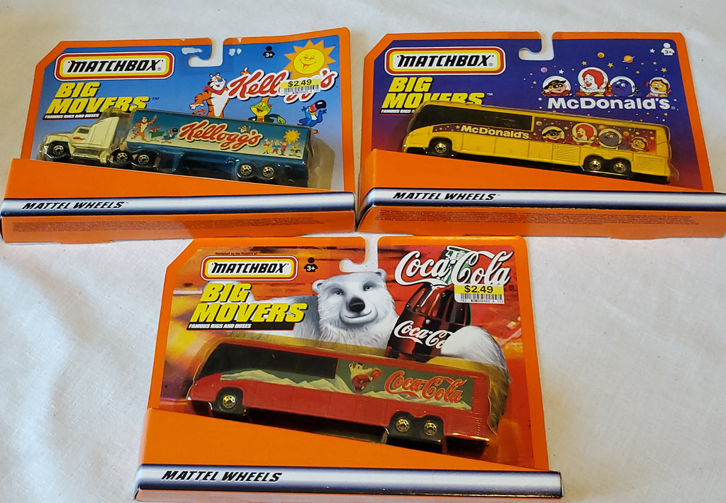 3 Matchbox Big Movers, Coca-Cola Kelloggs & McDonald's 1:64 die cast, New NBRP c.1999