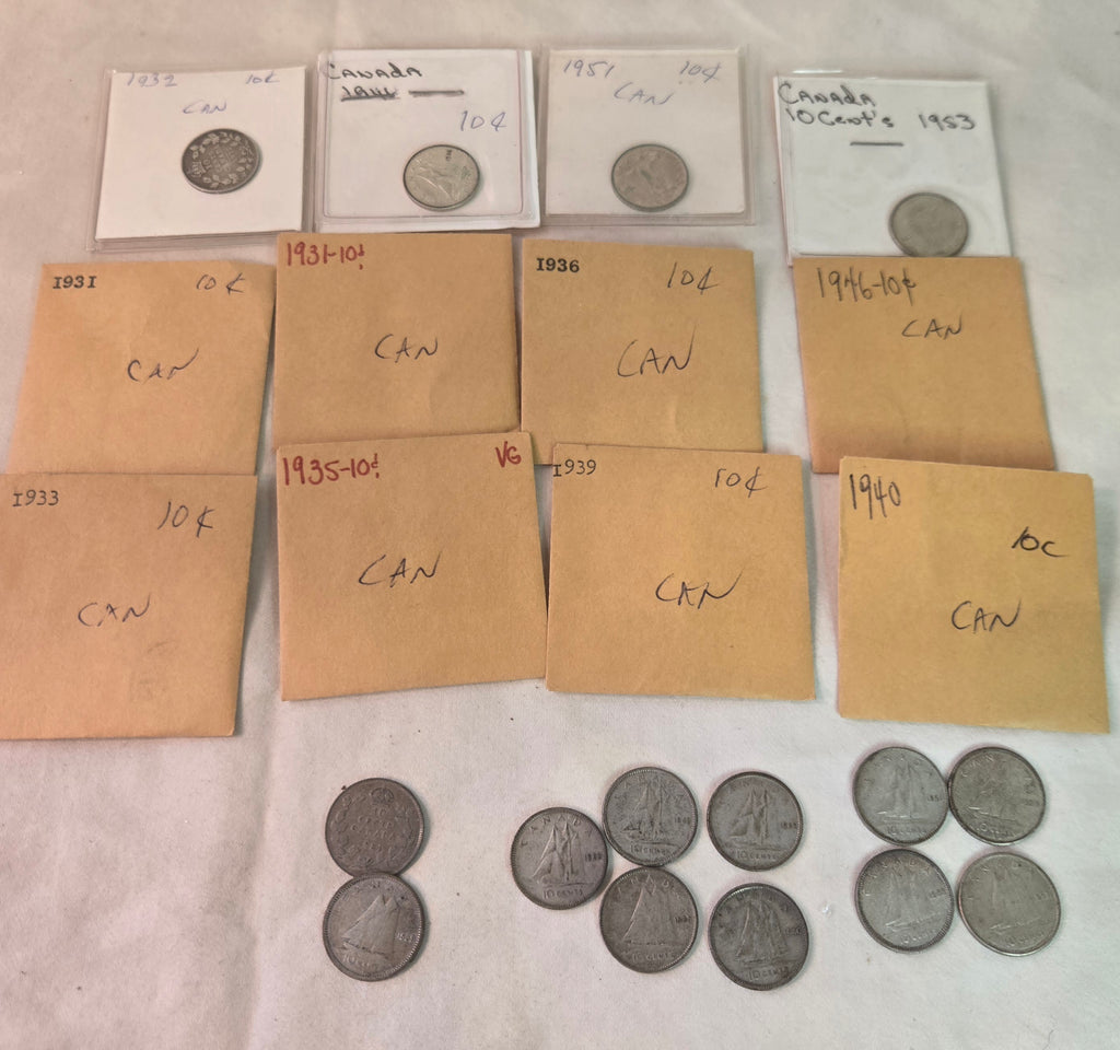 Lot of 23 Canadian 80% silver dimes 10 cent 1931-1959