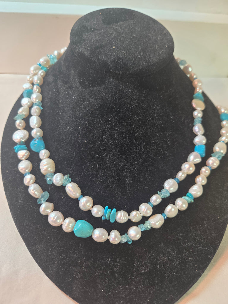Honora Keshi Cultured pearl Turquoise 38" long strand necklace, sterling, New In Box