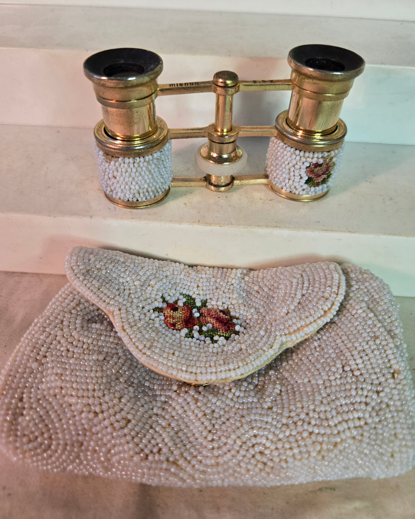 Mignon 2.5x beaded opera glasses in Hasi Hato purse Japan