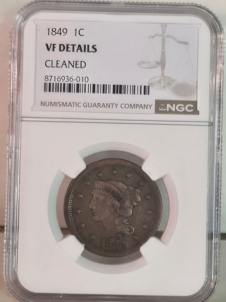 1849 US 1c Braided Hair Large Cent coin NGC VF details cleaned