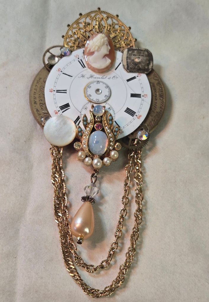 Upcycled Steam punk watch face collage brooch w/Cameo, pearl, rhinestone