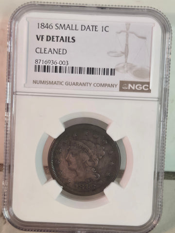 1846 US Braided Hair Large Cent small date 1c, NGC VF details, cleaned