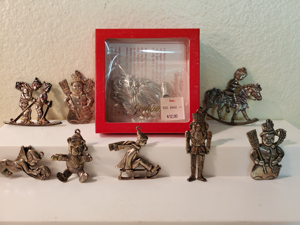 Lot of 9 Gorham Christmas ornaments, Teddy Bear, Santa, Nutcracker, Rocking Horse, etc