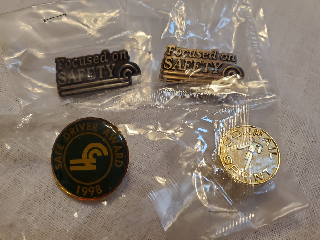 Set of 4 Conrail Railroad lapel pins, Safe driver, Focused on Safety & Sprint