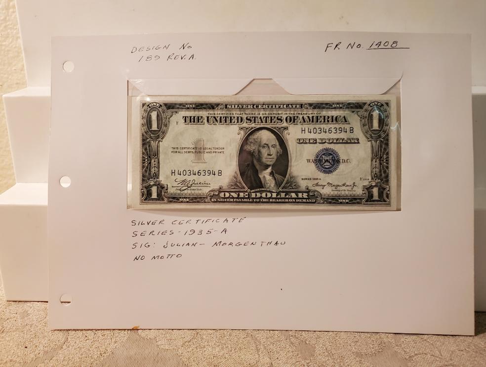 1935-A U.S. Silver Certificate one dollar bill blue seal FR1408 189 Rev A
