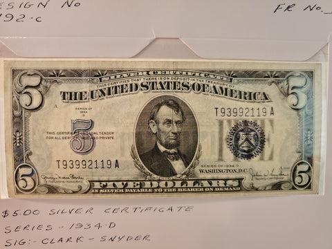 1934-D U.S. Five Dollar Silver Certificate FR 1418 Blue seal