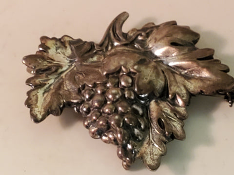 1940s Jewel Art Sterling Silver Brooch, Grape Leaf design