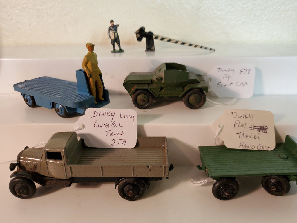 6 Dinky Toy lot, 14A, 25A, 673, hand cart Etc