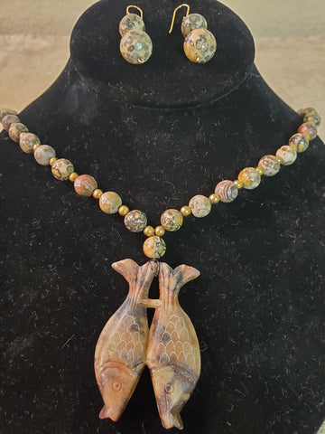 Bacara Designs Chinese Soapstone Fish Necklace, Earrings, gold Jasper beads