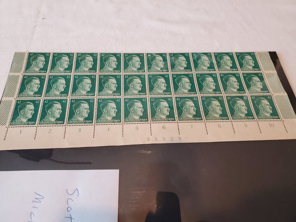 WWII Adolf Hitler stamps sheet of 100 Scott 529, Mi A797, Germany 1942