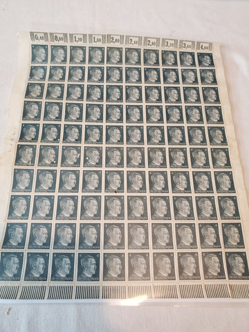 Sheet of 100 Hitler Stamps 1942 Scott 508, Mi 783, Germany