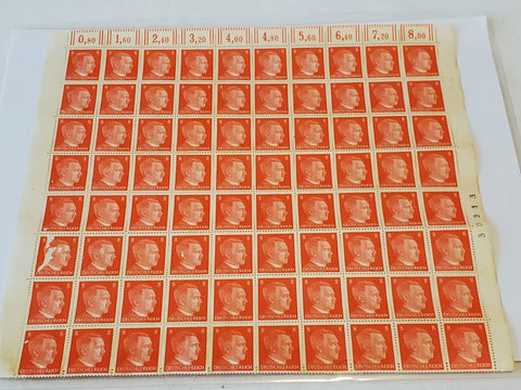 Hitler stamps sheel of 100, Scott 511, Mi 786, Germany WWII, 1942