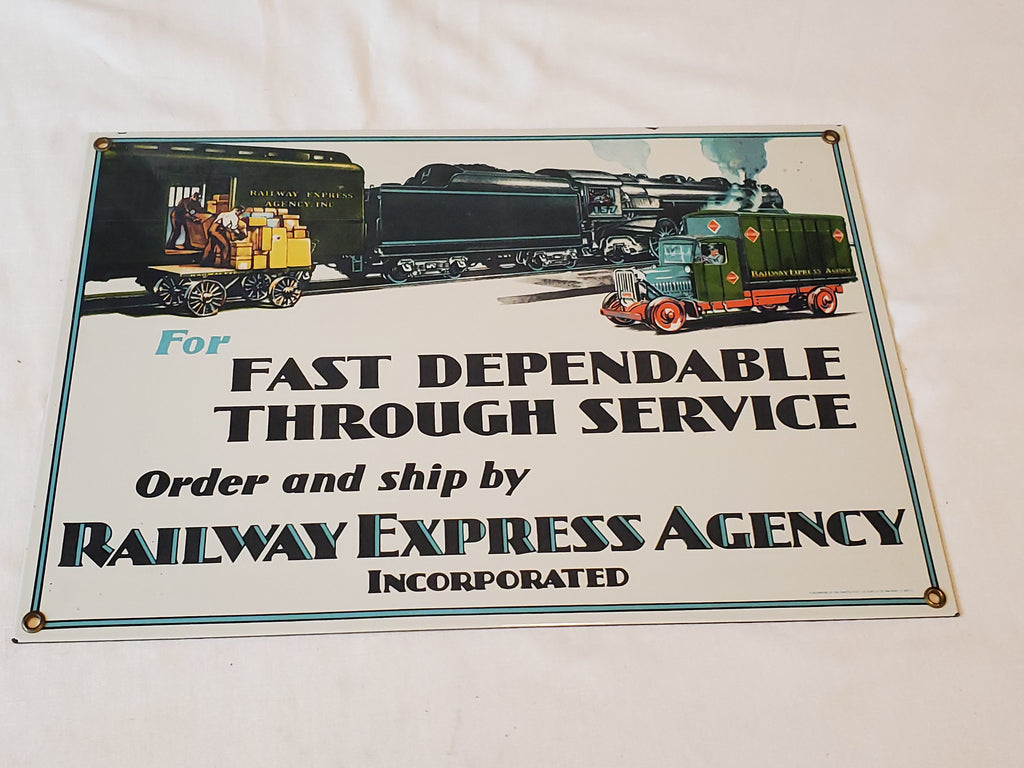 Railway Express Agency Dependable Service porcelain sign Post Calliope 1984