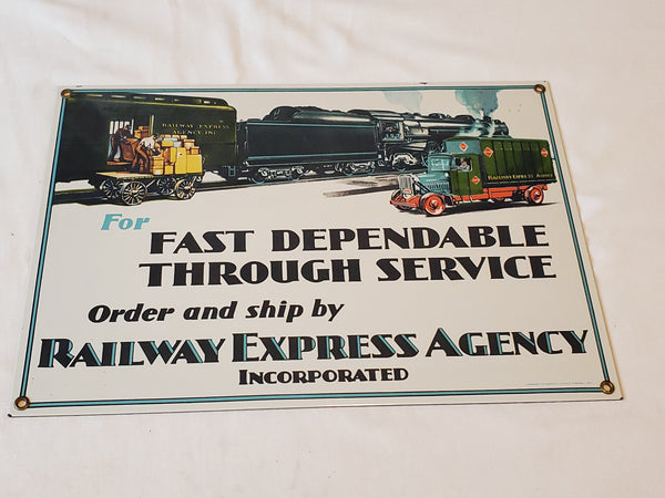Railway Express Agency Dependable Service porcelain sign Post Calliope 1984