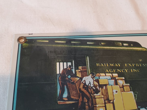 Railway Express Agency Dependable Service porcelain sign Post Calliope 1984