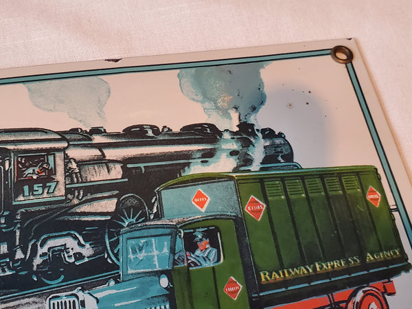 Railway Express Agency Dependable Service porcelain sign Post Calliope 1984