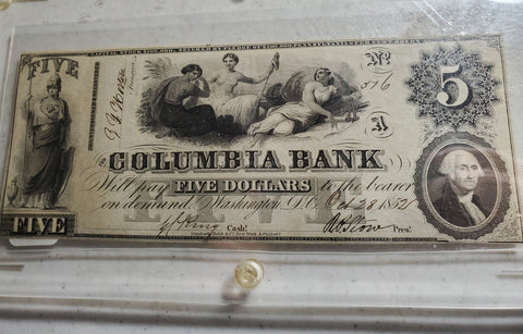 1852 Columbia Bank note $5 Dollar Washington DC