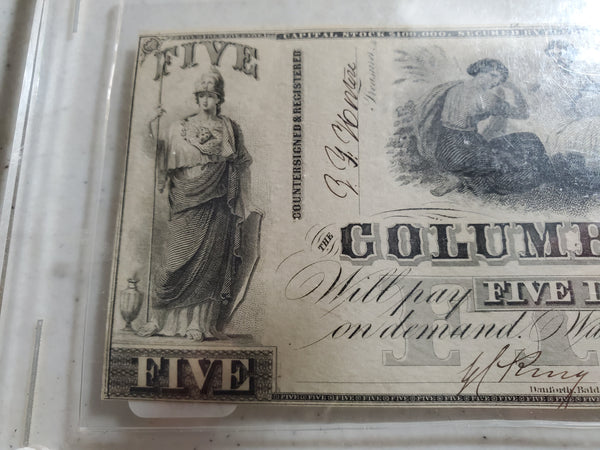 1852 Columbia Bank note $5 Dollar Washington DC