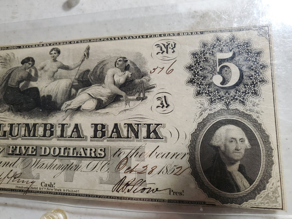 1852 Columbia Bank note $5 Dollar Washington DC