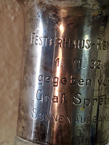 German 800 silver cut crystal decanter c.1932, horse race award