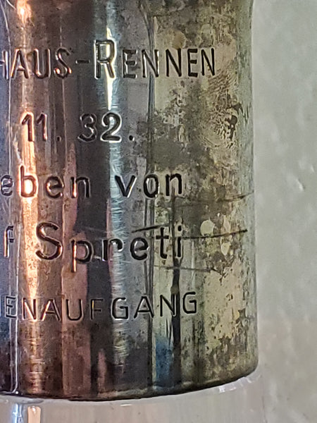 German 800 silver cut crystal decanter c.1932, horse race award