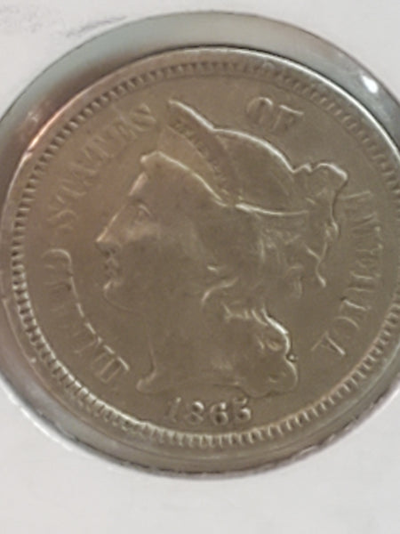 1865 US 3 cent nickel, 1st year