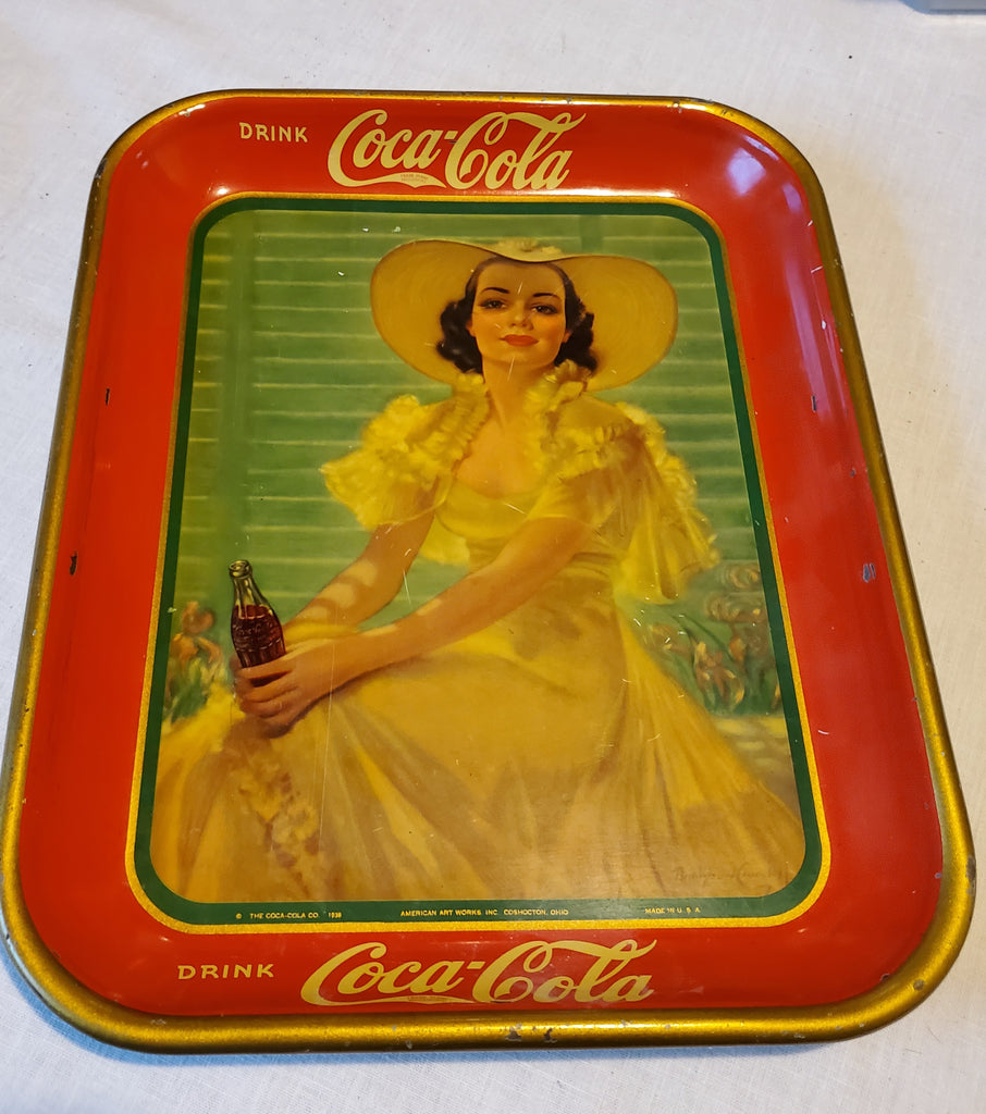 Vintage original 1938 drink Coca-Cola metal tray, lady in Yellow, American Art W