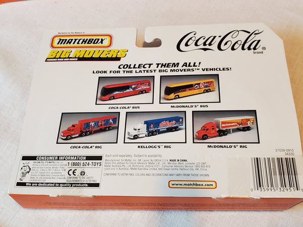 3 Matchbox Big Movers, Coca-Cola Kelloggs & McDonald's 1:64 die cast, New NBRP c.1999