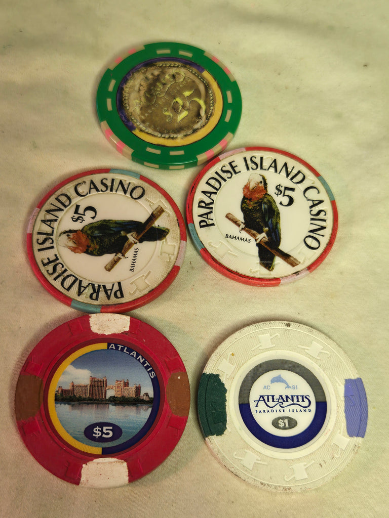 Paradise Island & Atlantis Casino Chips, $25, $5, $5, $5, $1