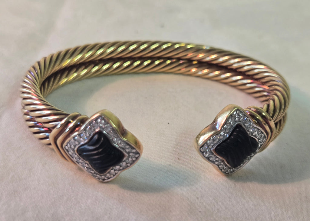 David Yurman 18k Quadrefoil 48 Diamond Onyx Gold Bracelet, dbl cable 39g.