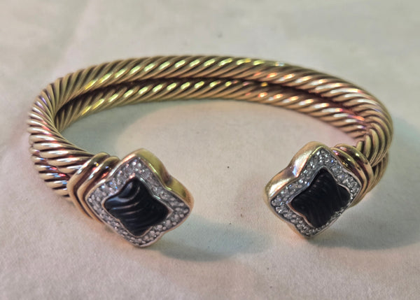 David Yurman 18k Quadrefoil 48 Diamond Onyx Gold Bracelet, dbl cable 39g.