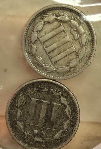 Lot of 2 1865 3 cent nickels good condition