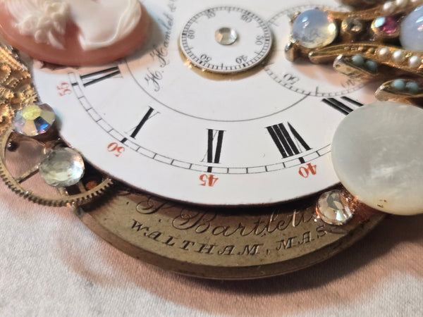 Upcycled Steam punk watch face collage brooch w/Cameo, pearl, rhinestone