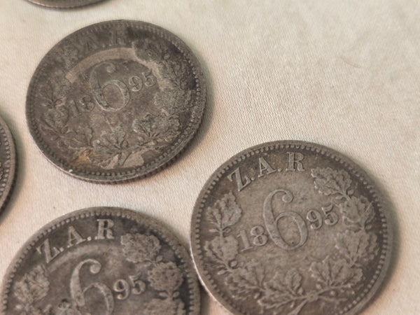 Lot of 7 South Africa 6 Pence coins, all 1895, .925 silver