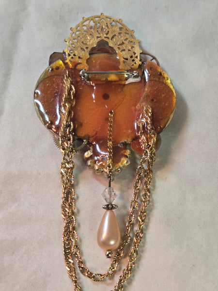 Upcycled Steam punk watch face collage brooch w/Cameo, pearl, rhinestone