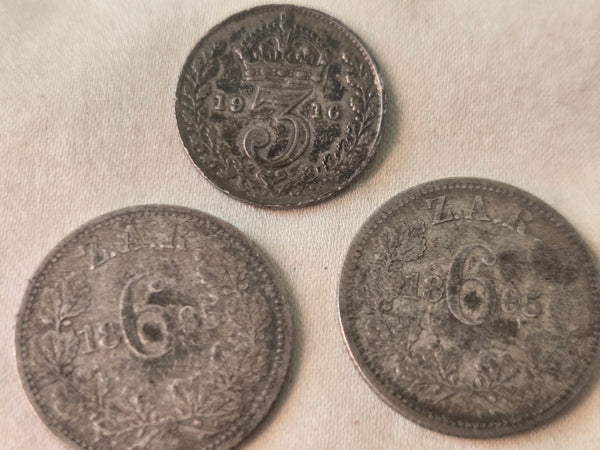 Lot of 7 South Africa 6 Pence coins, all 1895, .925 silver