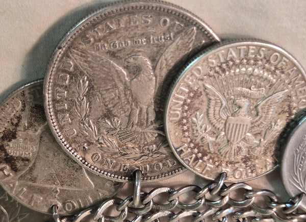Sterling Coin Bracelet US silver 1885  Morgan Dollar, 64 Kennedy, 51 Franklin, some Foreign