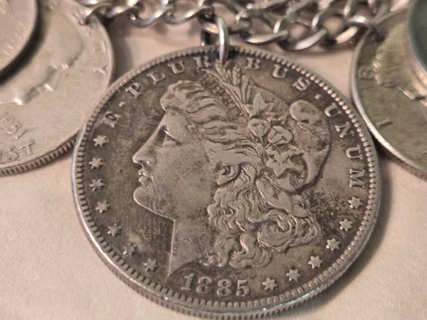 Sterling Coin Bracelet US silver 1885  Morgan Dollar, 64 Kennedy, 51 Franklin, some Foreign