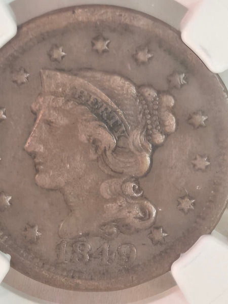 1849 US 1c Braided Hair Large Cent coin NGC VF details cleaned