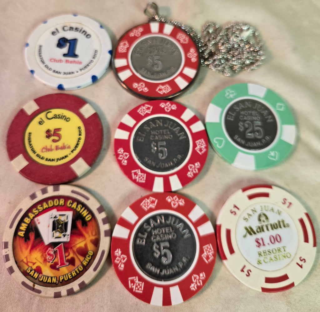 $48 in Puerto Rico Casino Chips, El San Juan, Ambassador, Marriott, etc & pendant