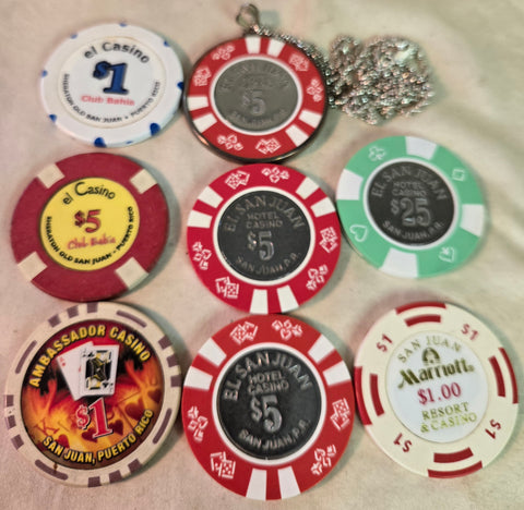 $48 in Puerto Rico Casino Chips, El San Juan, Ambassador, Marriott, etc & pendant
