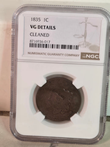 1835 US Coronet Head  Large Cent coin NGC VG Details cleaned