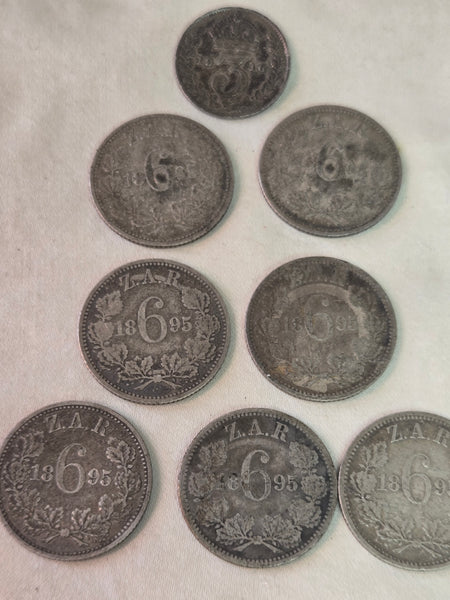 Lot of 7 South Africa 6 Pence coins, all 1895, .925 silver