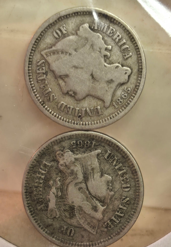 Lot of 2 1865 3 cent nickels good condition