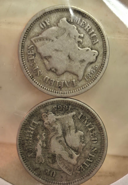 Lot of 2 1865 3 cent nickels good condition
