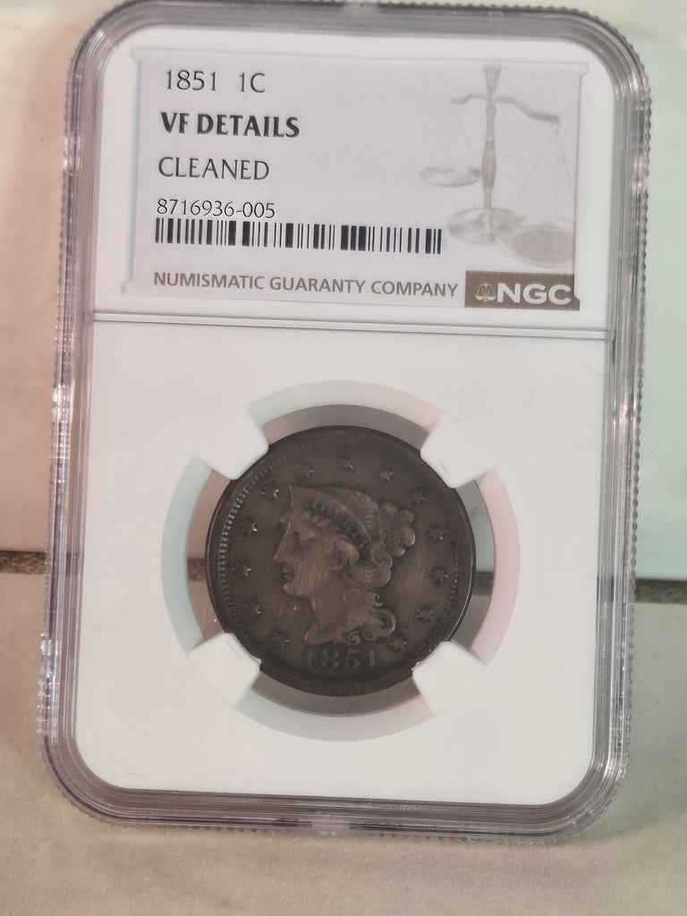 1851 US Braided Hair Large Cent coin 1c NGC VF details cleaned