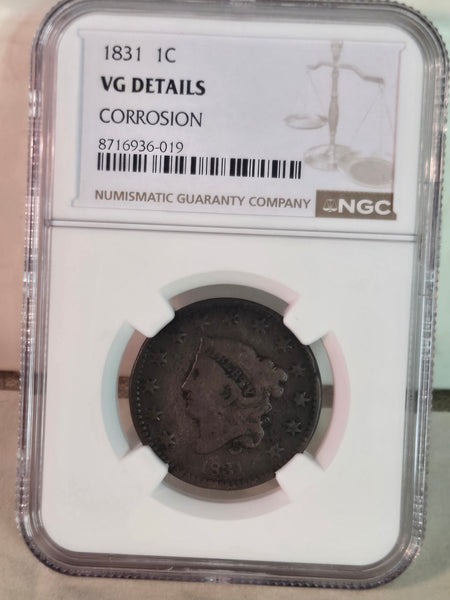 US Coronet Head 1831 Large Cent NGC VG details, cleaned coin
