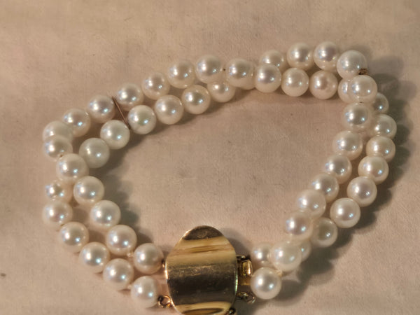 14k yellow Gold Double Strand Pearl Bracelet 6-7mm heavy clasp